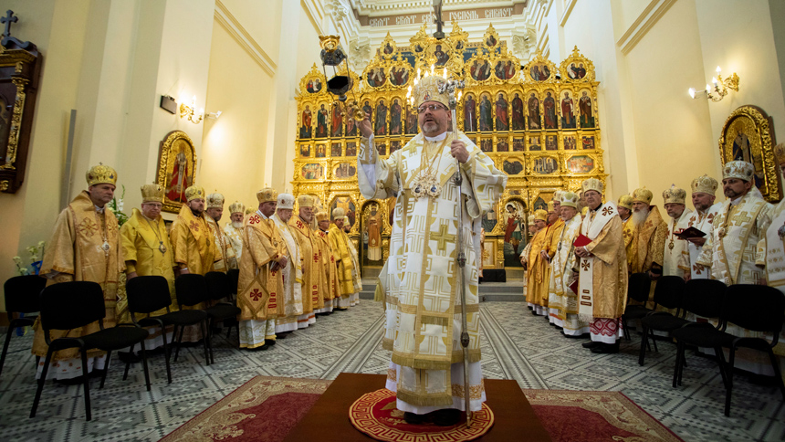 Archbishop Sviatoslav Shevchuk of Kyiv-Halych, head of the Ukrainian Catholic Church, celebrates a Divine Liturgy with members of the Synod of Bishops of the Ukrainian Catholic Church at the Cathedral of St. John the Baptist in Przemysl, Poland, July 7, 2022. (CNS photo/Oleksandr Savranskyi, Ukrainian Catholic Church)