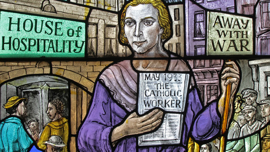 Dorothy Day, co-founder of the Catholic Worker Movement and its newspaper, The Catholic Worker, is depicted in a stained-glass window at Our Lady of Lourdes Church in the Staten Island borough of New York. (CNS photo/Gregory A. Shemitz)