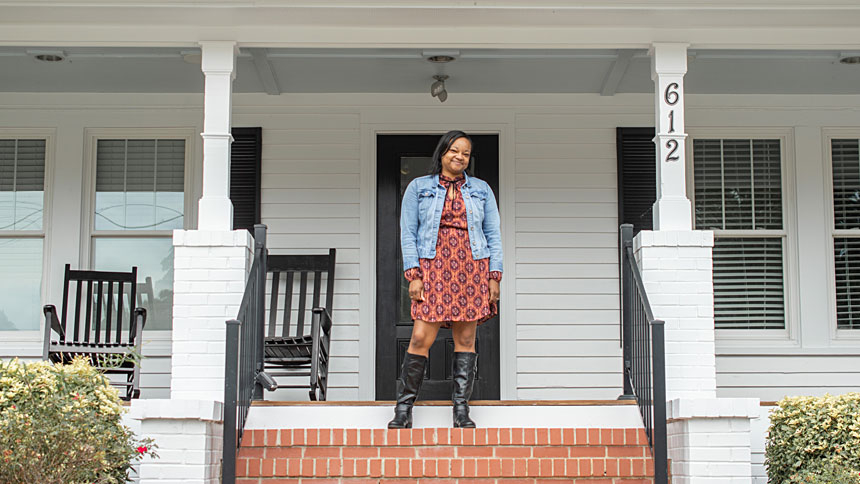 Leah Sampson stands outside her office in Knigthdale.