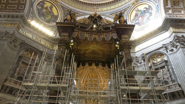 Bernini's 17th century canopy in St. Peter's Basilica now under scaffolding