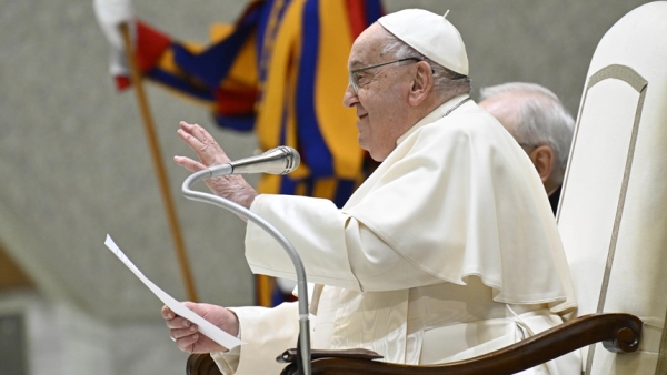 Pope Francis delivers his catechesis during the jubilee audience in the Paul VI Hall on Feb. 1, 2025. Credit: Vatican Media